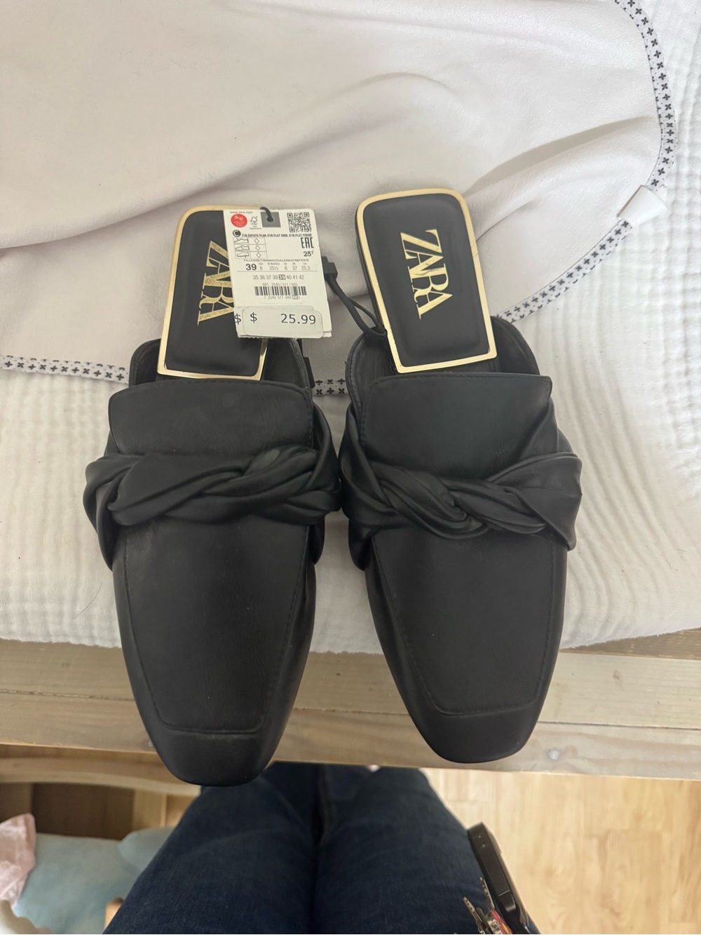 Zara Black Knotted Leather Backless Mules